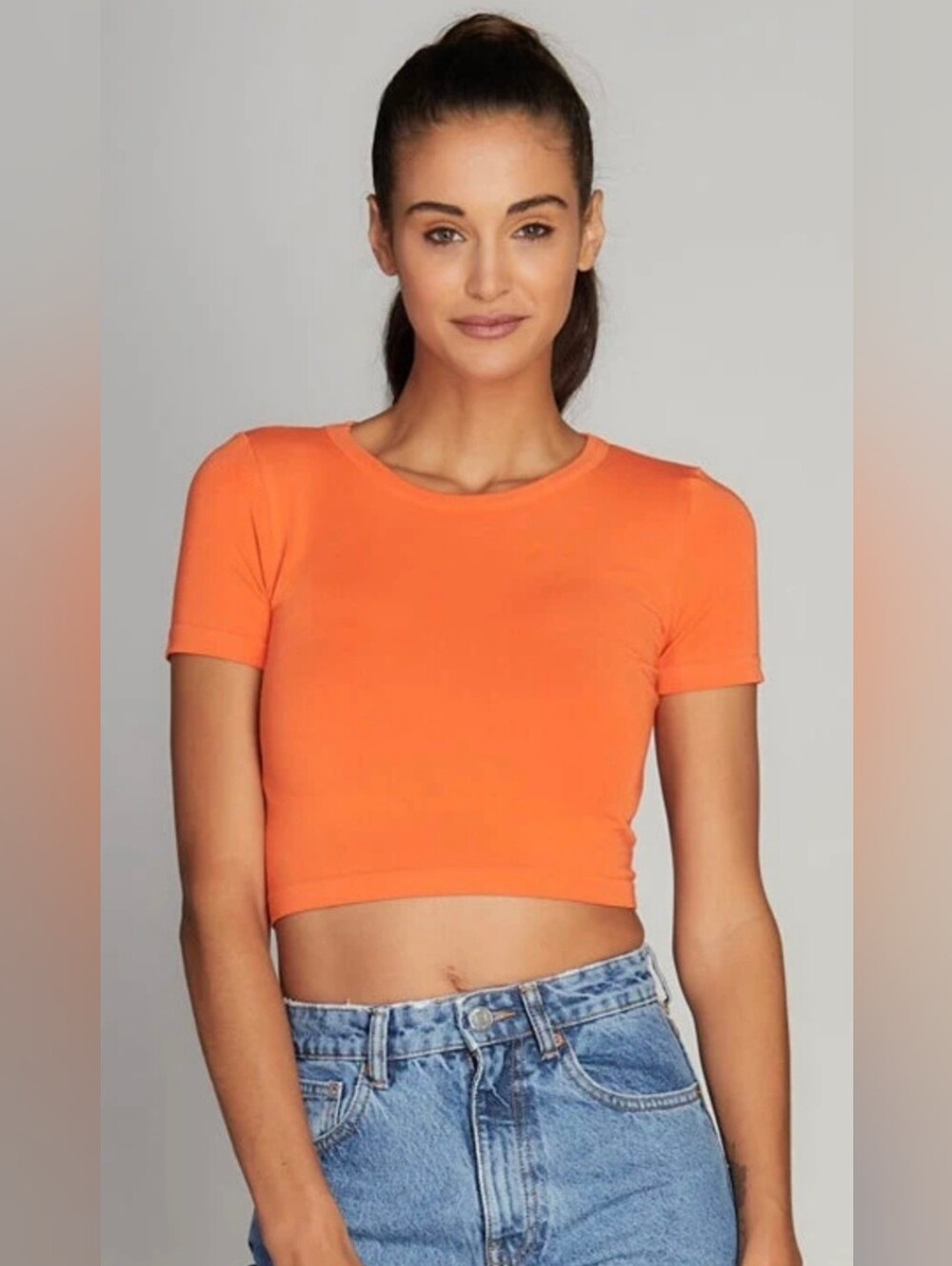 Zara | Orange Fitted Cropped Short Sleeve T-Shirt, Size S